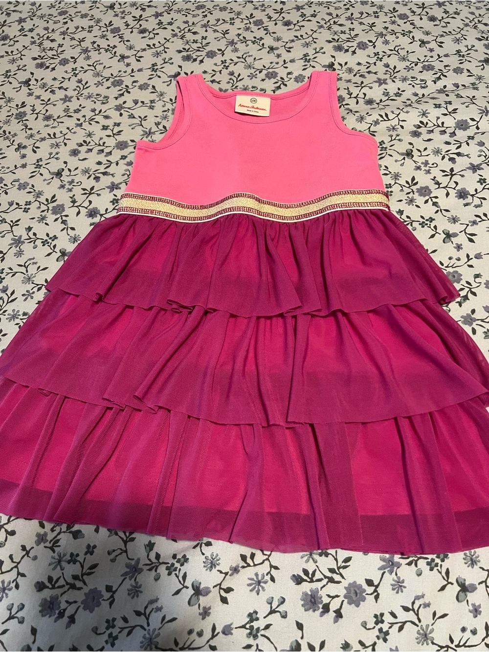 Hanna Andersson Pink & Magenta Tiered Ruffle Dress with Gold Waist Trim